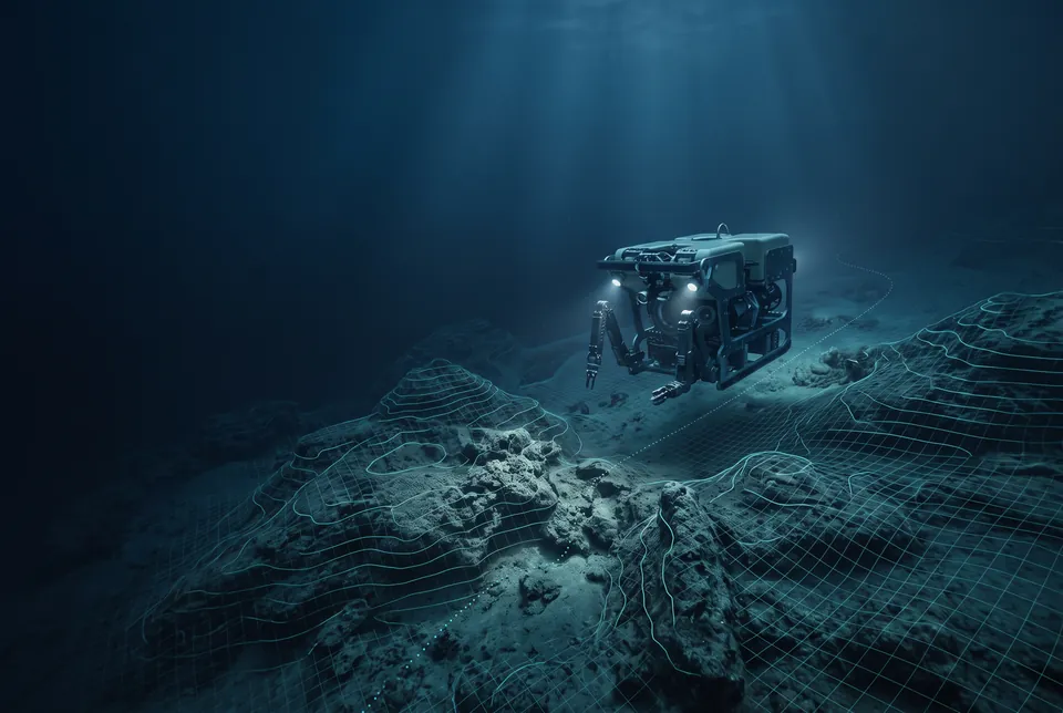 ROV cartographiant le fond marin avec une grille de positionnement