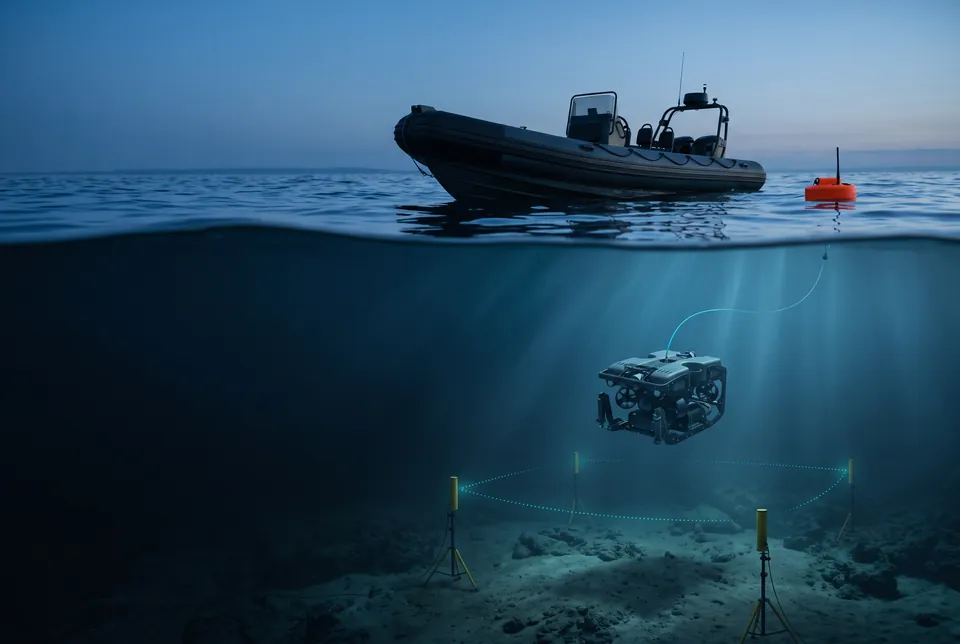 Illustration d’un semi-rigide, d’un ROV et d’un champ acoustique
